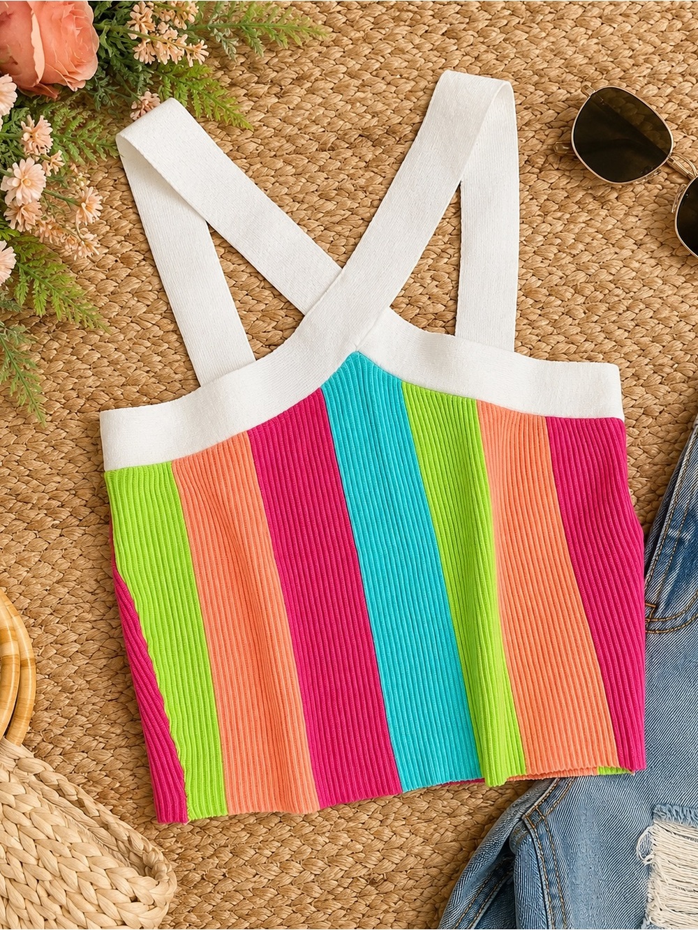 Pink Lily Neon Rainbow Ribbed Knit Crop Tank Top Size S Colorblock Crisscross